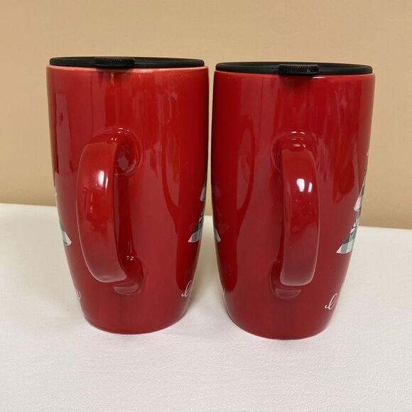 Merry Christmas Red Mug Plaid Tree with Removable Open Close Lid Set of 2 - Picture 2 of 14